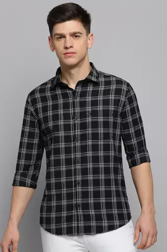 men's long sleeves tartan checks black shirt