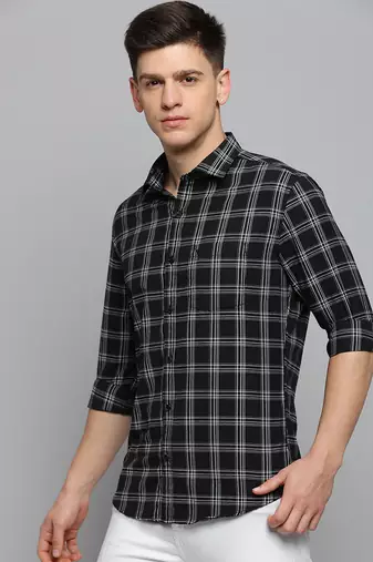 men's long sleeves tartan checks black shirt