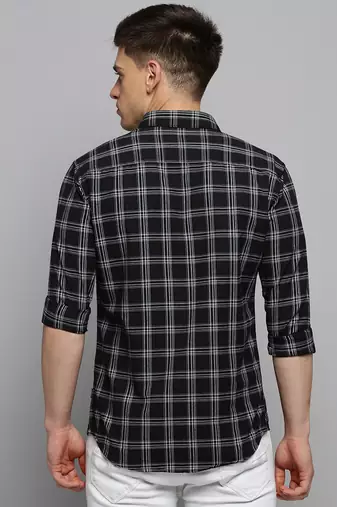 men's long sleeves tartan checks black shirt