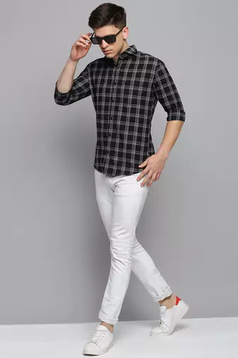 men's long sleeves tartan checks black shirt