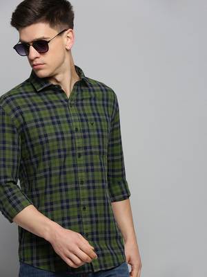 men's long sleeves gingham checks green shirt 1