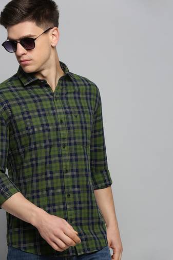 men's long sleeves gingham checks green shirt