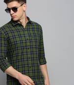 men's long sleeves gingham checks green shirt