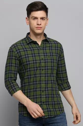 men's long sleeves gingham checks green shirt