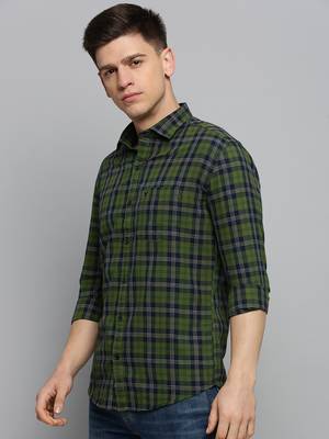 men's long sleeves gingham checks green shirt 3