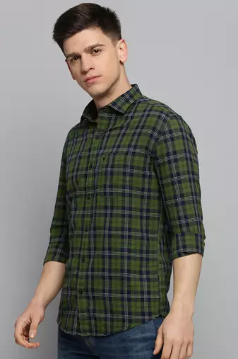 men's long sleeves gingham checks green shirt