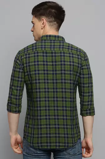 men's long sleeves gingham checks green shirt