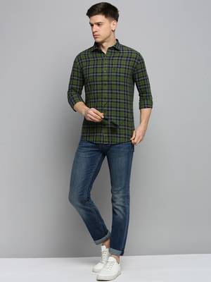 men's long sleeves gingham checks green shirt 5