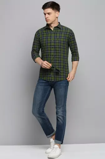 men's long sleeves gingham checks green shirt