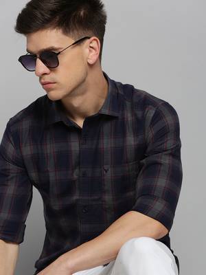 men's long sleeves tartan checks navy blue shirt 1