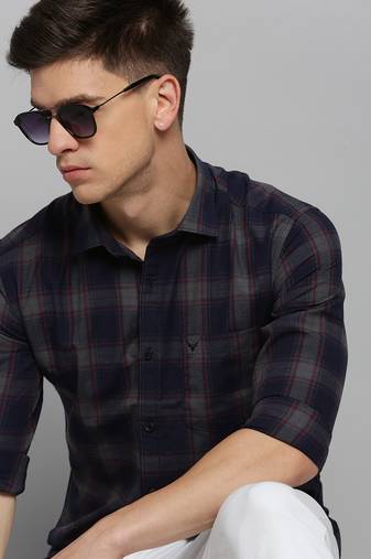 men's long sleeves tartan checks navy blue shirt