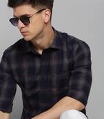 men's long sleeves tartan checks navy blue shirt