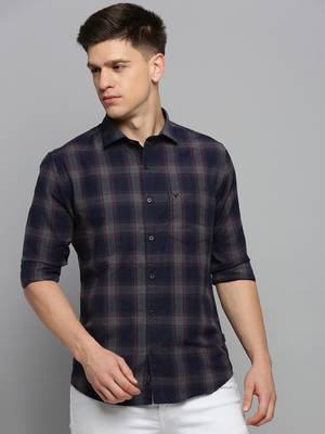 men's long sleeves tartan checks navy blue shirt 2