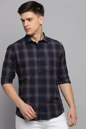 men's long sleeves tartan checks navy blue shirt