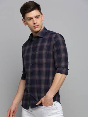 men's long sleeves tartan checks navy blue shirt 3