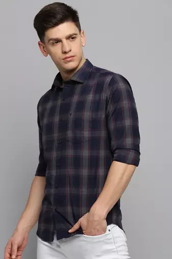 men's long sleeves tartan checks navy blue shirt