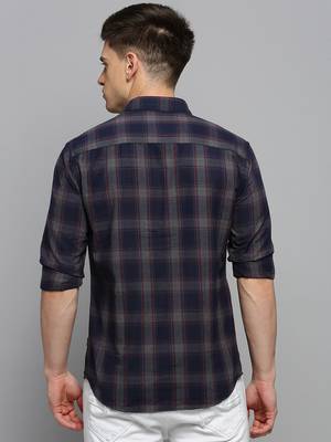 men's long sleeves tartan checks navy blue shirt 4