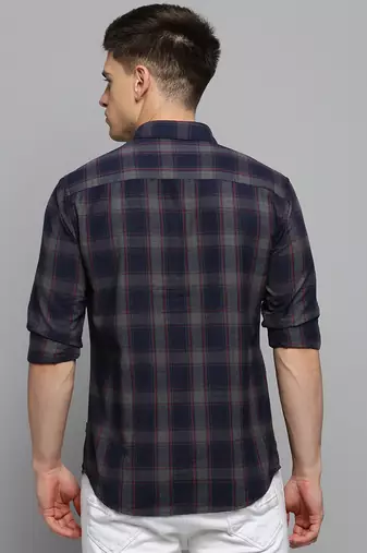 men's long sleeves tartan checks navy blue shirt