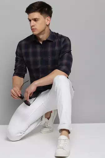 men's long sleeves tartan checks navy blue shirt