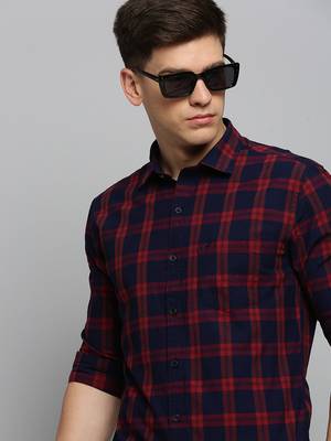men's long sleeves tartan checks navy blue shirt 1