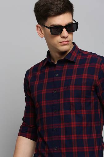 men's long sleeves tartan checks navy blue shirt