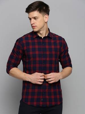 men's long sleeves tartan checks navy blue shirt 2