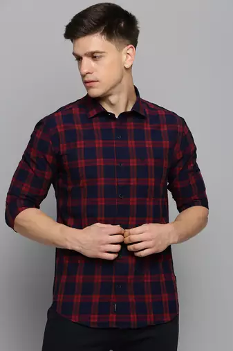 men's long sleeves tartan checks navy blue shirt