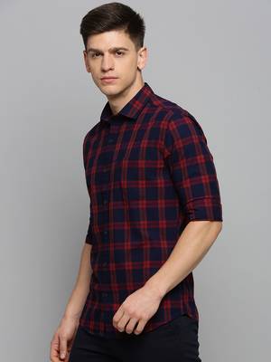 men's long sleeves tartan checks navy blue shirt 3