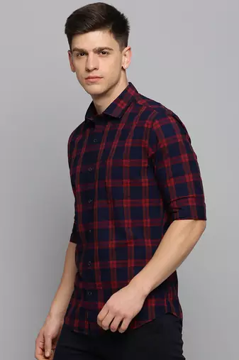 men's long sleeves tartan checks navy blue shirt