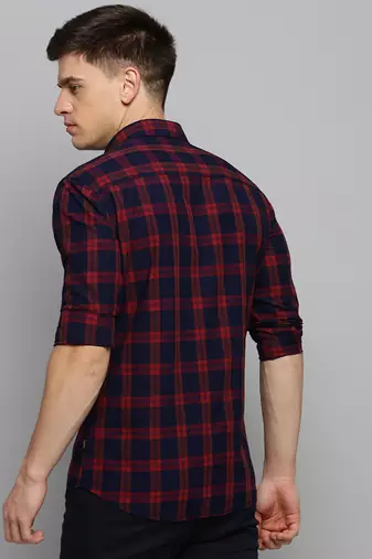 men's long sleeves tartan checks navy blue shirt