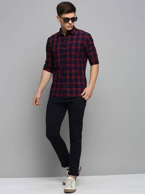 men's long sleeves tartan checks navy blue shirt 5