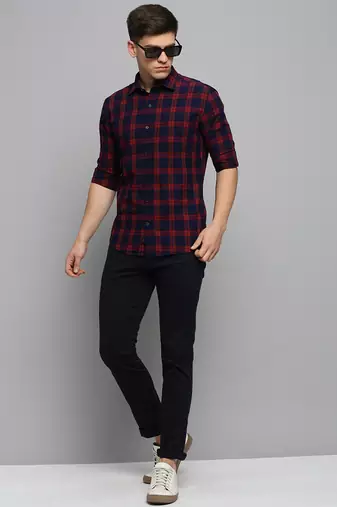 men's long sleeves tartan checks navy blue shirt