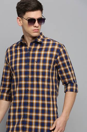 men's long sleeves tartan checks navy blue shirt