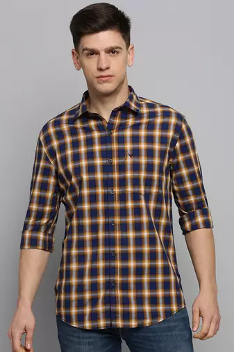 men's long sleeves tartan checks navy blue shirt