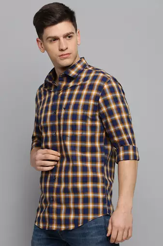 men's long sleeves tartan checks navy blue shirt