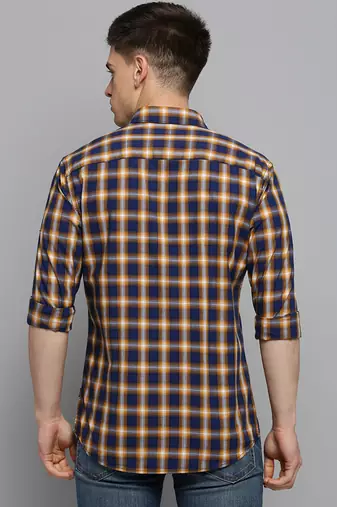 men's long sleeves tartan checks navy blue shirt