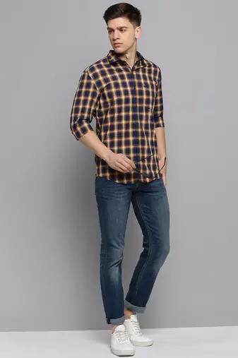 men's long sleeves tartan checks navy blue shirt
