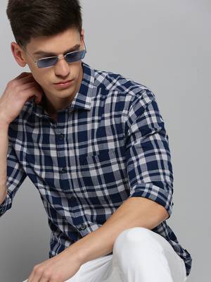 men's long sleeves tartan checks blue shirt 1