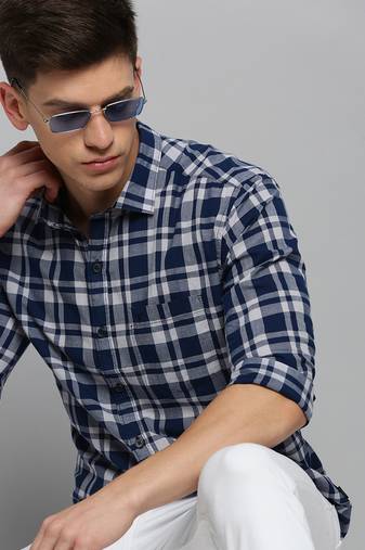 men's long sleeves tartan checks blue shirt