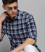 men's long sleeves tartan checks blue shirt