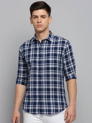 men's long sleeves tartan checks blue shirt 2