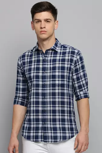 men's long sleeves tartan checks blue shirt