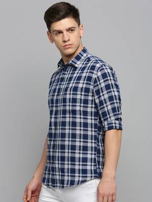 men's long sleeves tartan checks blue shirt 3