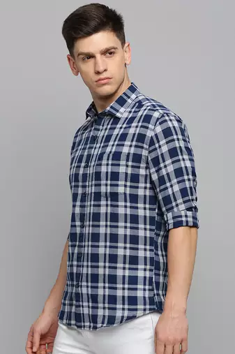 men's long sleeves tartan checks blue shirt