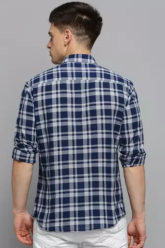 men's long sleeves tartan checks blue shirt