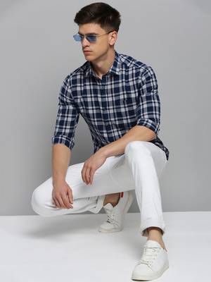 men's long sleeves tartan checks blue shirt 5