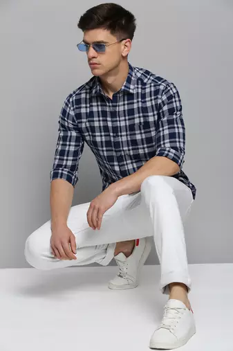 men's long sleeves tartan checks blue shirt