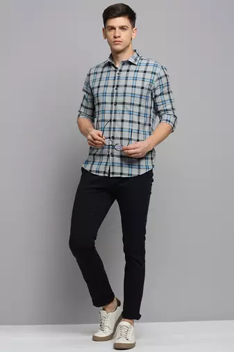 men's long sleeves checked grey shirt