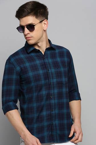 men's long sleeves tartan checks teal shirt