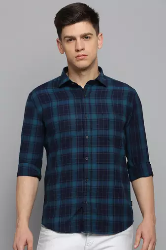 men's long sleeves tartan checks teal shirt